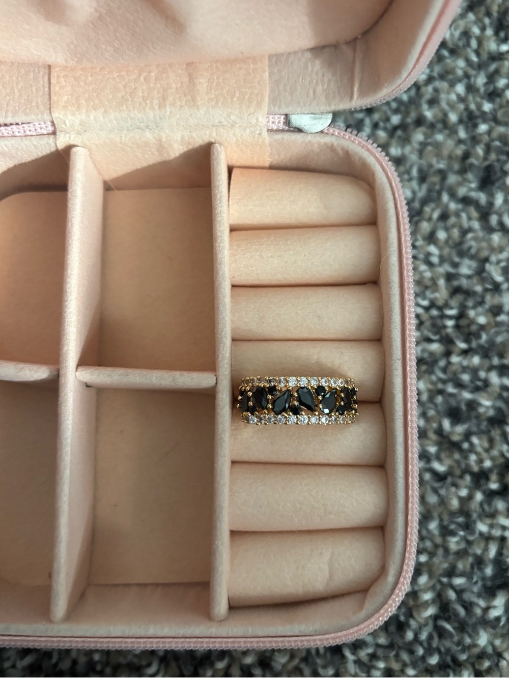 Gold Band Ring with Black and Clear Stones